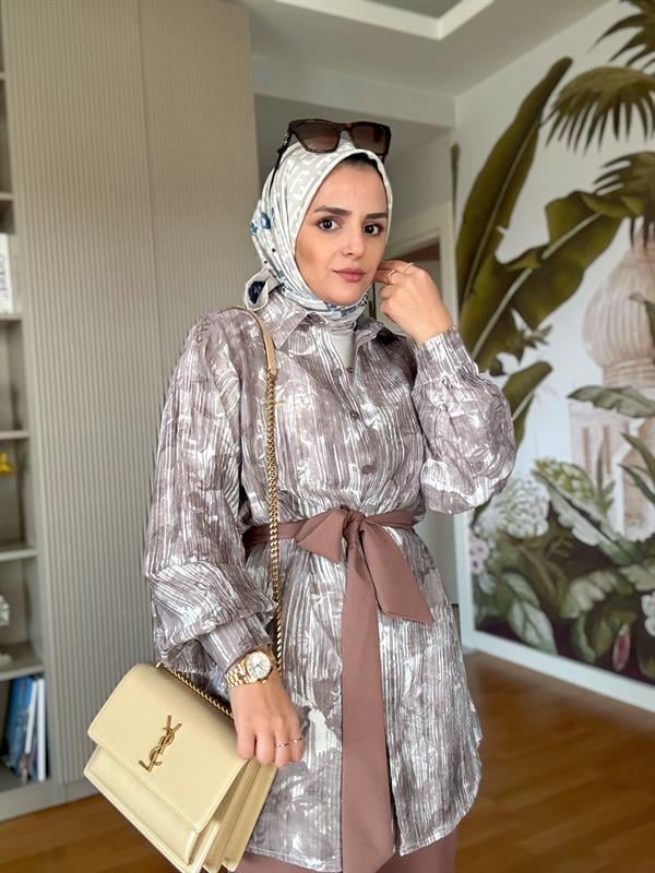 Bella Pamuklu Gömlek Desenli Krep Pantolon Takım Vizon