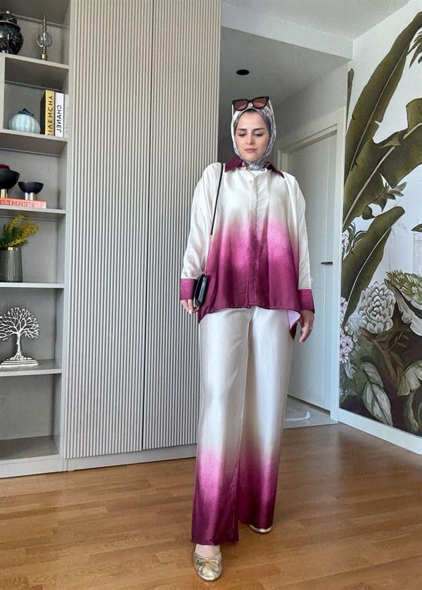 Saten Gömlek Renk Geçişli İkili Takım Pembe