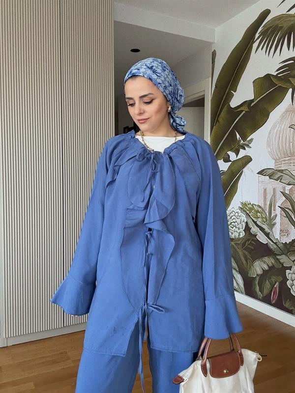Fırfırlı Pamuklu Kimono Takım – Yazlık Dökümlü İkili Takım İndigomavi