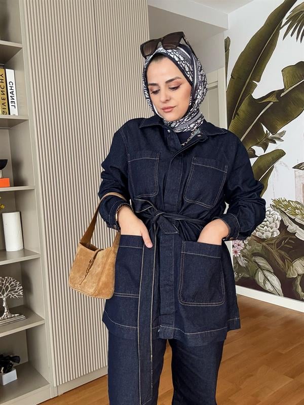 Cepli Denim Kuşaklı Ceket Takım Koyu Mavi