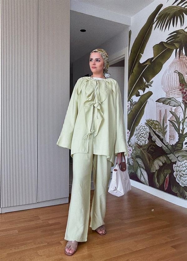 Fırfırlı Pamuklu Kimono Takım – Yazlık Dökümlü İkili Takım Yeşil