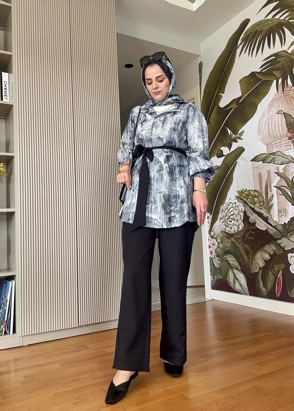Bella Pamuklu Gömlek Desenli Krep Pantolon Takım Siyah