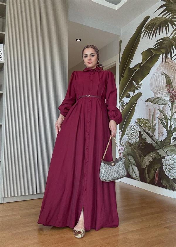 Top Düğmeli İthal Kumaş Kemerli Elbise – Romantik & Zarif Stil (38-46 Beden) Bordo