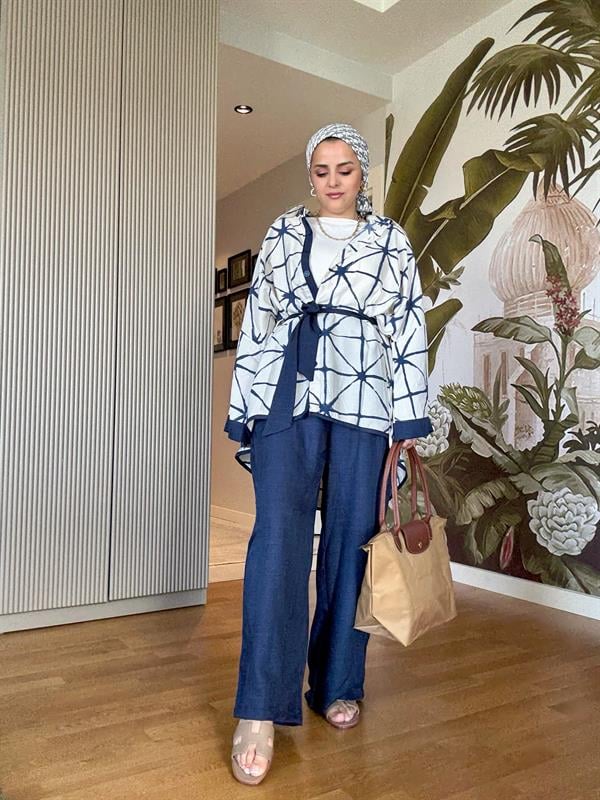 Çizgili Pamuk Keten Kimono Takım | Yazlık Rahat Tesettür İkili Takım Lacivert