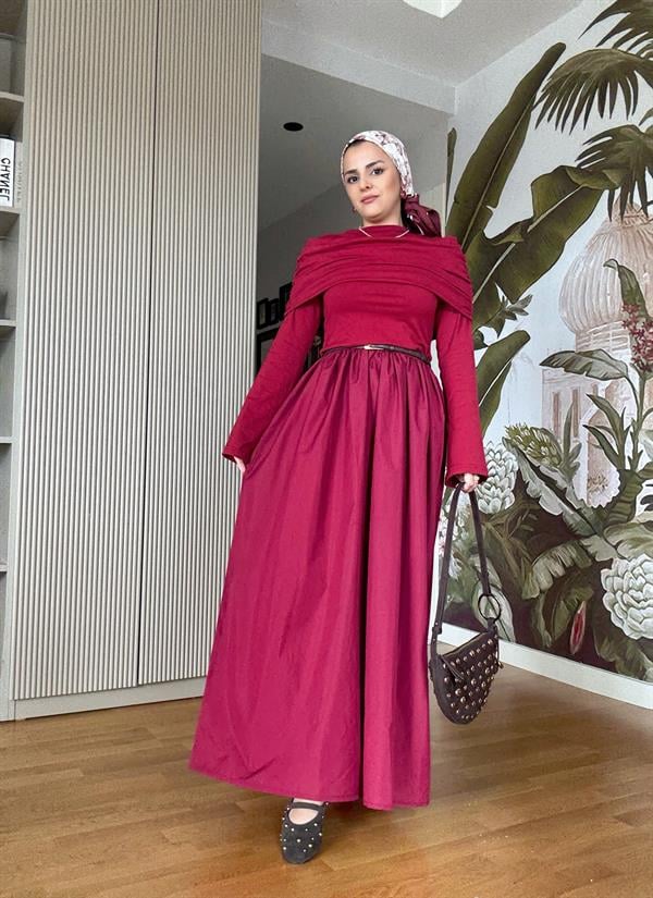 Kayık Yaka Pamuklu Roza Elbise Bordo