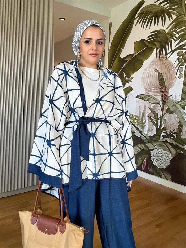 Çizgili Pamuk Keten Kimono Takım | Yazlık Rahat Tesettür İkili Takım Lacivert