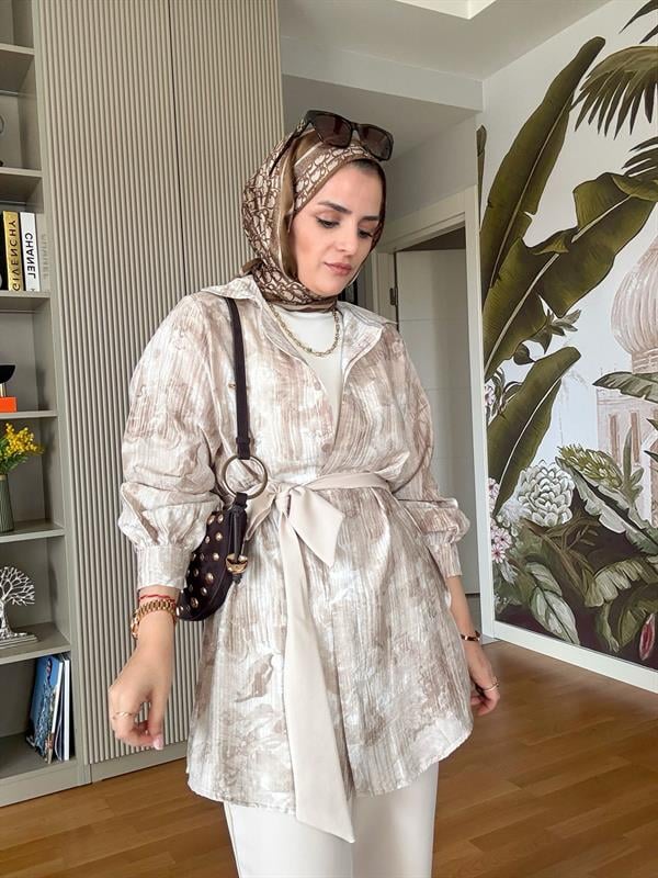 Bella Pamuklu Gömlek Desenli Krep Pantolon Takım Bej