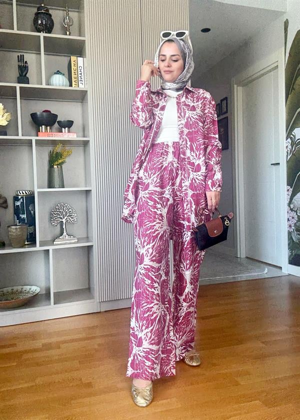 Pamuk Keten Desenli Biyeli Gömlek Takım Pembe