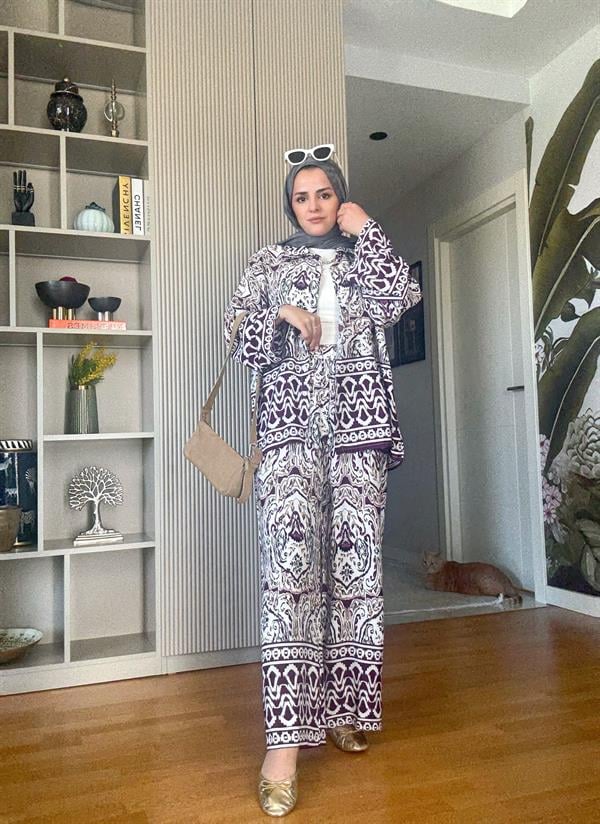 Pamuk Viskon Etnik Desenli Kimona Gömlek Takım Mor