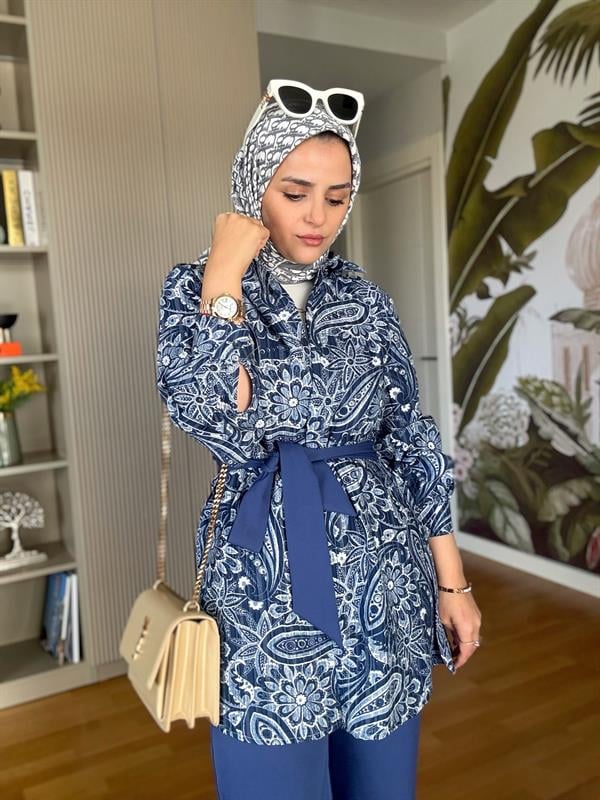 Bahar Pamuklu Gömlek Desenli Krep Pantolon Takım Mavi