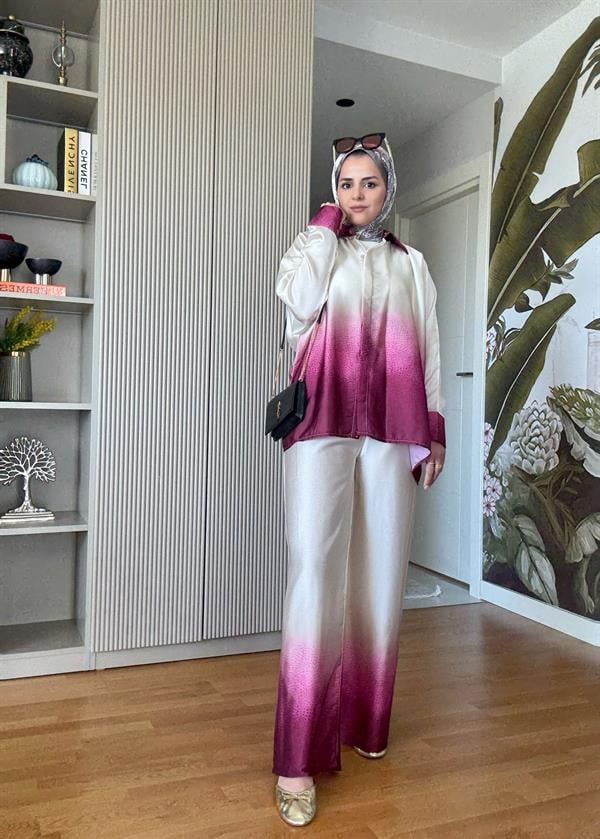 Saten Gömlek Renk Geçişli İkili Takım Pembe