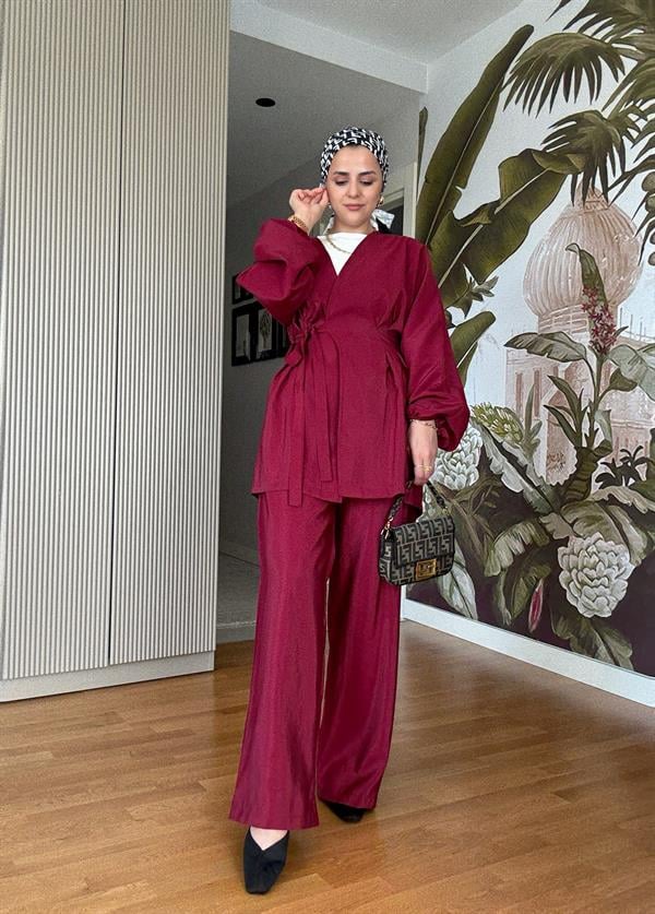 Yandan Bağlamalı Beli Pensli Pileli Modal Dokuma Takım Bordo