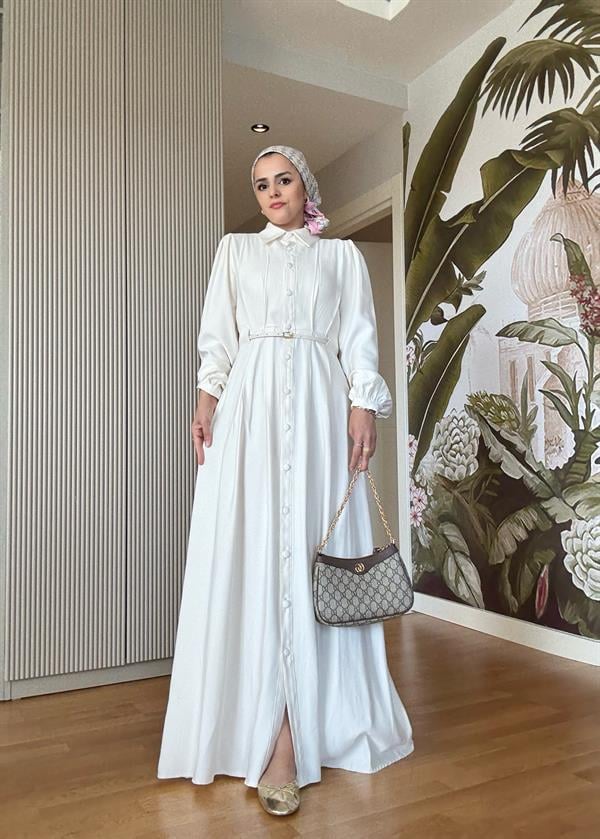 Top Düğmeli İthal Kumaş Kemerli Elbise – Romantik & Zarif Stil (38-46 Beden) Ekru