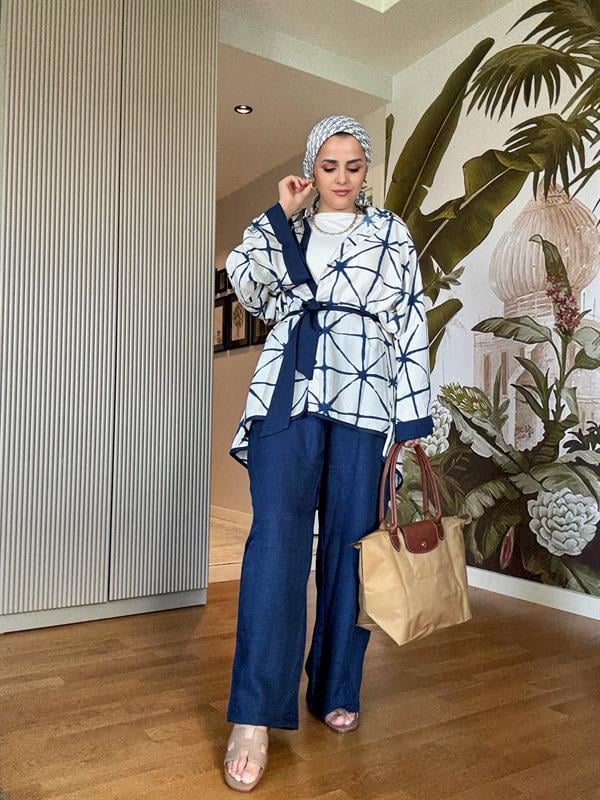 Çizgili Pamuk Keten Kimono Takım | Yazlık Rahat Tesettür İkili Takım Lacivert