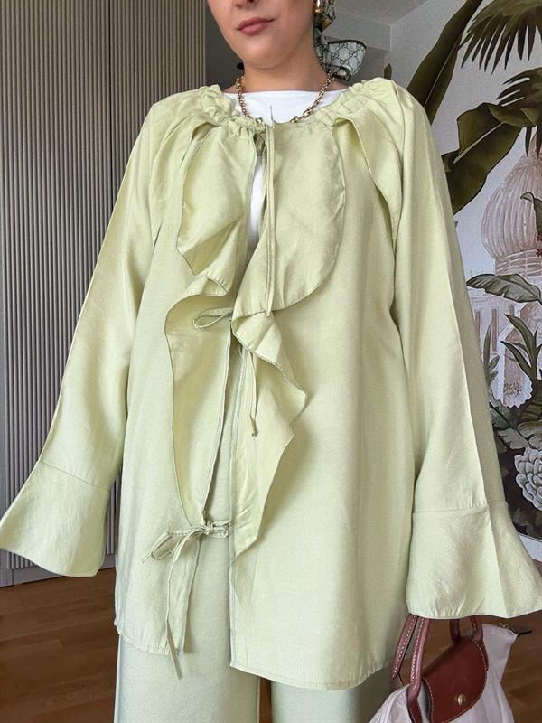 Fırfırlı Pamuklu Kimono Takım – Yazlık Dökümlü İkili Takım Yeşil