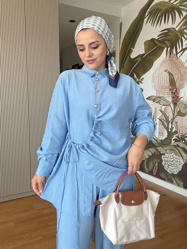 Büzgü Detaylı Çilek Pamuklu İkili Takım – Düğmeli Takım Mavi