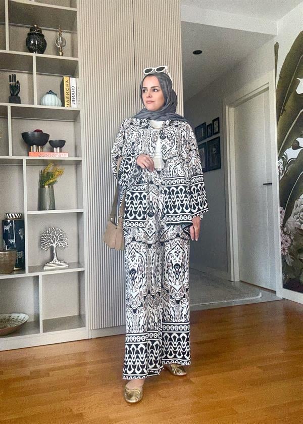 Pamuk Viskon Etnik Desenli Kimona Gömlek Takım Siyah