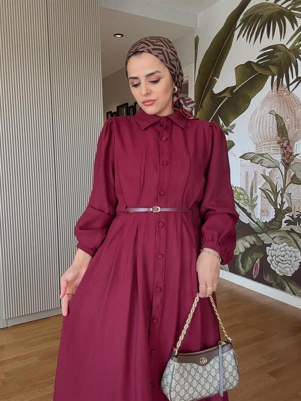 Top Düğmeli İthal Kumaş Kemerli Elbise – Romantik & Zarif Stil (38-46 Beden) Bordo