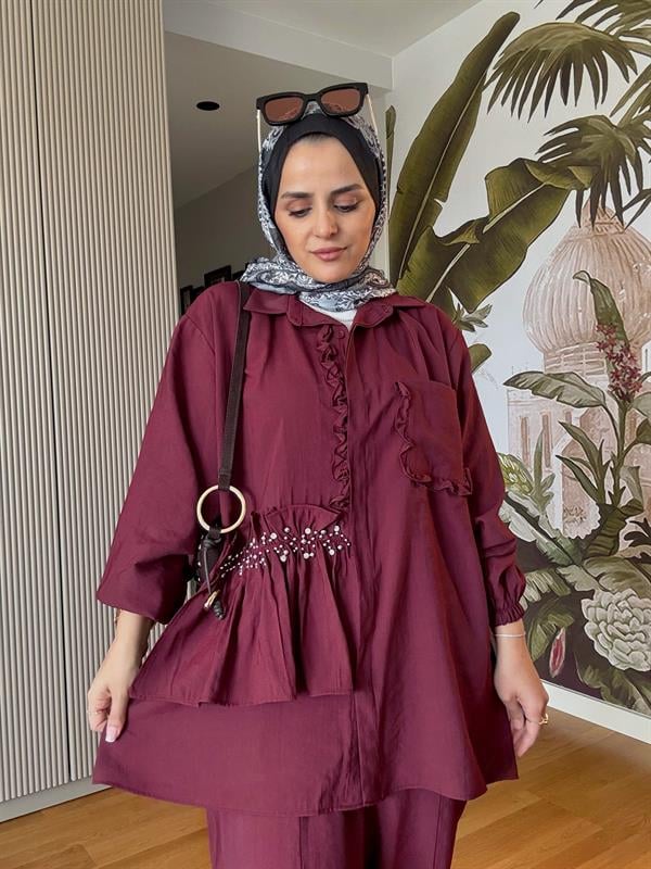 İncili Taşlı Tensel İkili Gömlek Takım Bordo