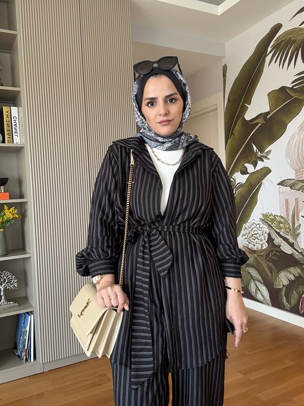 Çizgili Kuşaklı Pamuklu Gömlek Takım Siyah