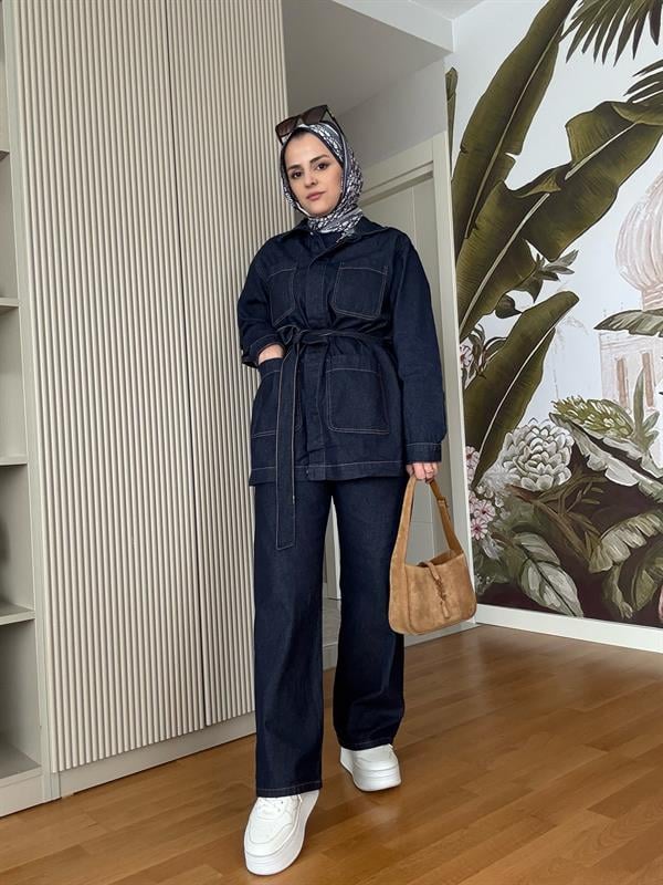 Cepli Denim Kuşaklı Ceket Takım Koyu Mavi