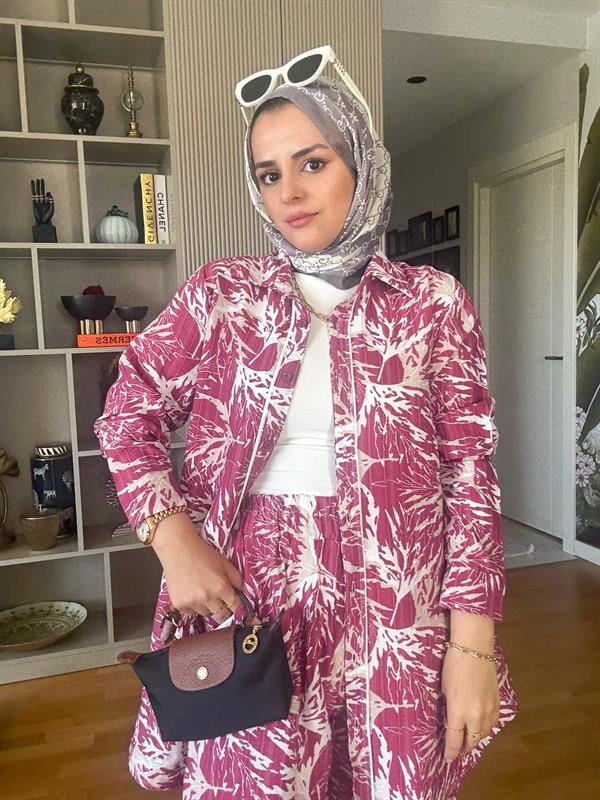 Pamuk Keten Desenli Biyeli Gömlek Takım Pembe