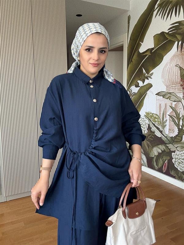 Büzgü Detaylı Çilek Pamuklu İkili Takım – Düğmeli Takım Lacivert