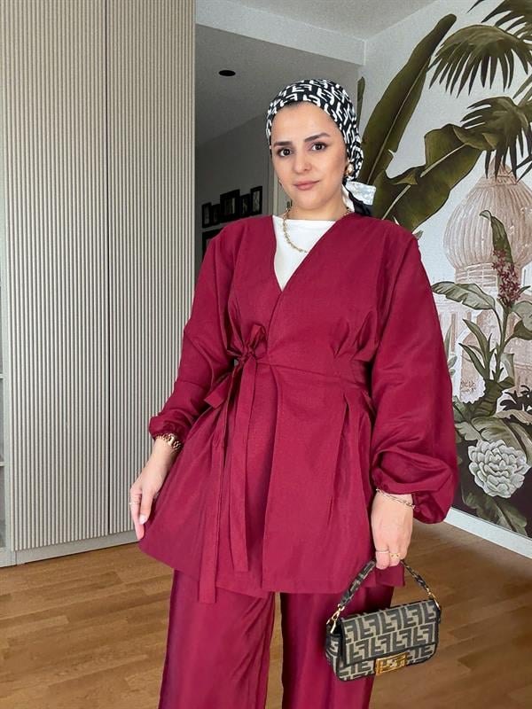 Yandan Bağlamalı Beli Pensli Pileli Modal Dokuma Takım Bordo
