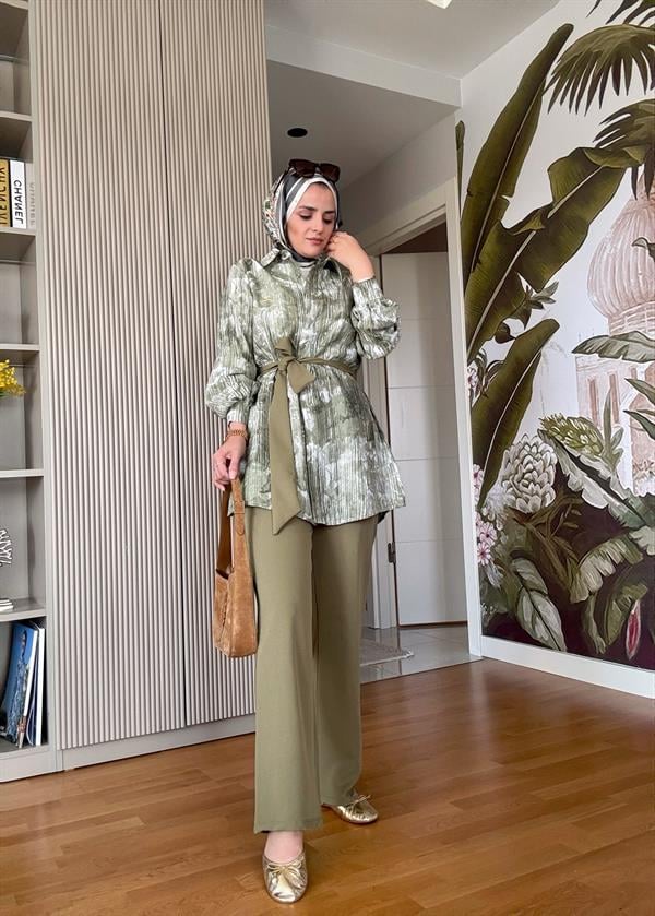 Bella Pamuklu Gömlek Desenli Krep Pantolon Takım Yeşil
