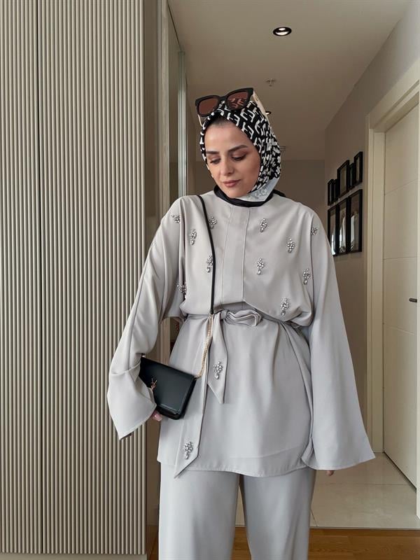Taşlı Krep Kumaş Tunik İkili Takım Vizon