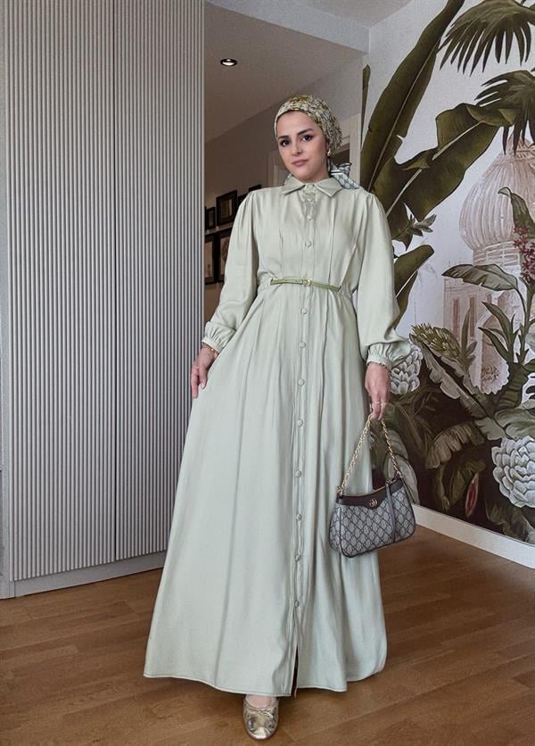 Top Düğmeli İthal Kumaş Kemerli Elbise – Romantik & Zarif Stil (38-46 Beden) Yeşil