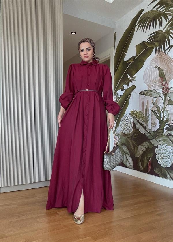 Top Düğmeli İthal Kumaş Kemerli Elbise – Romantik & Zarif Stil (38-46 Beden) Bordo