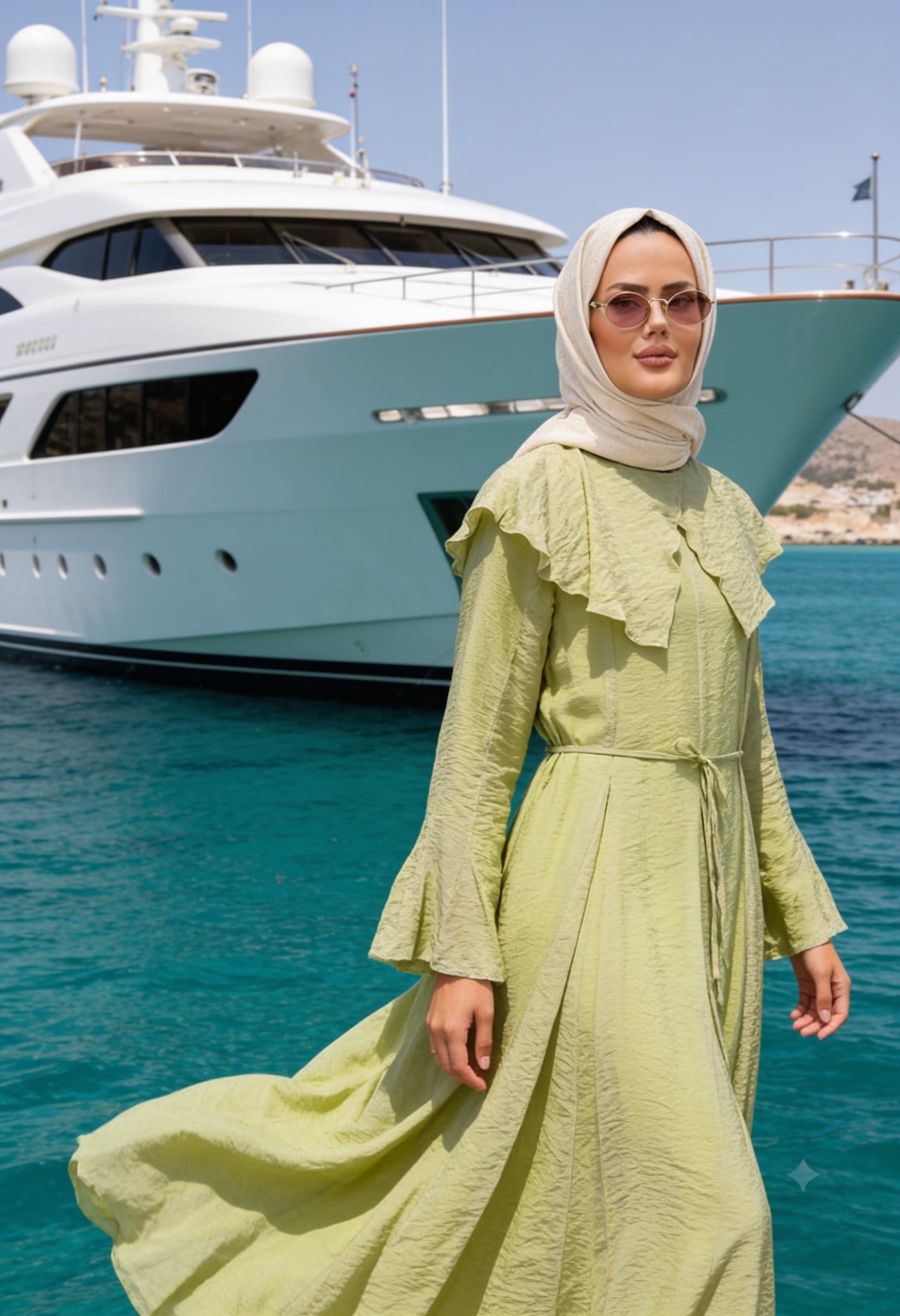 Romantik Pamuk Vual Astarlı Elbise –Yeşil