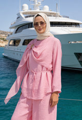 Deniz Broş Detaylı Astarlı Pantolonlu Takım Pembe