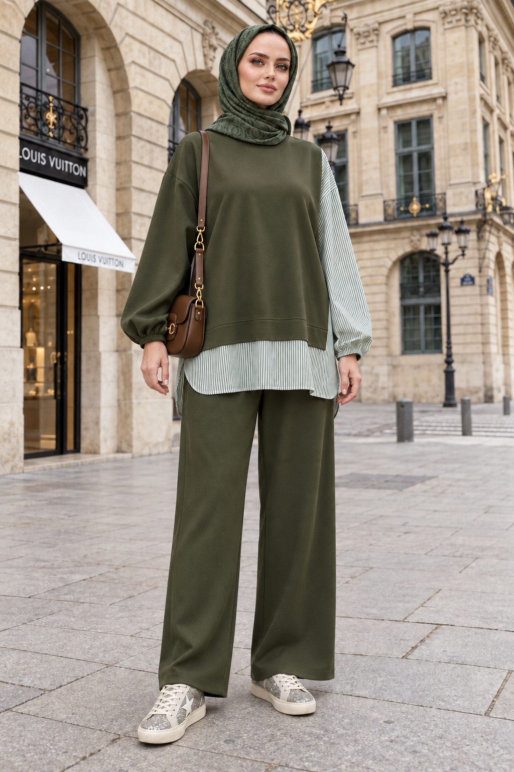 Striped Shirt Detail Tunic Two-Piece Set | Pocketed Wide Leg and Tunic Green