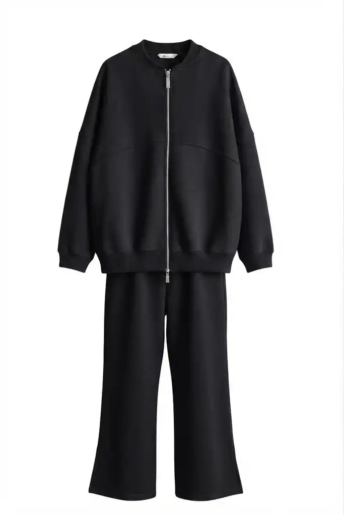 3-Thread Brushed Bomber Two-Piece Modest Set | Cotton Comfortable Set Black