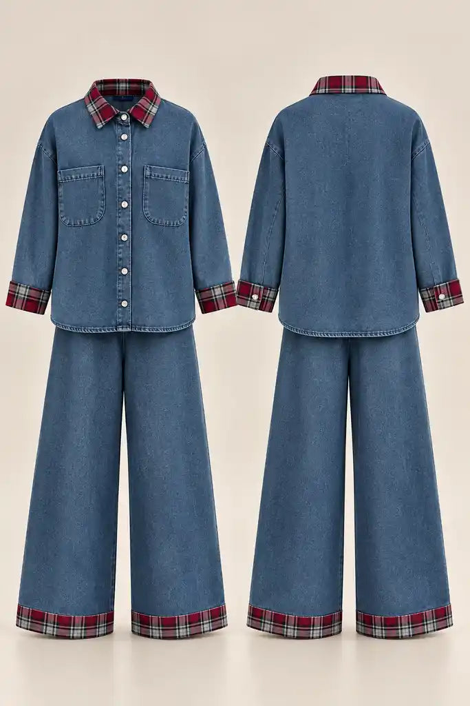Ekose Detaylı Denim İkili Takım Açık Mavi