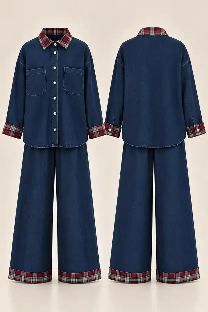 Ekose Detaylı Denim İkili Takım Koyu Mavi