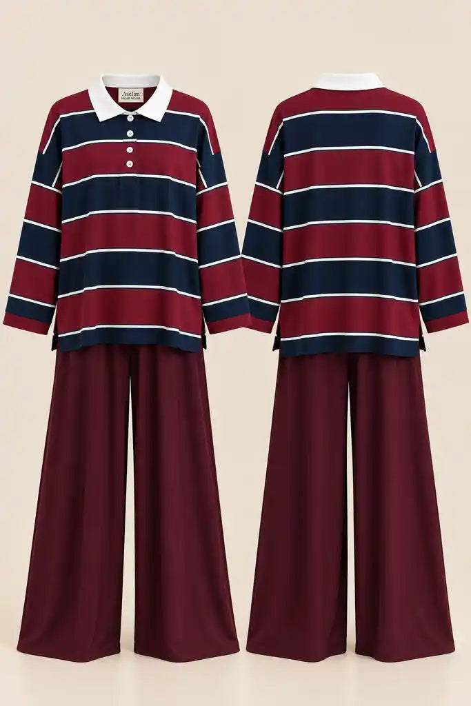 Lora Polo Yaka Çizgili Oversize İkili Takım Bordo
