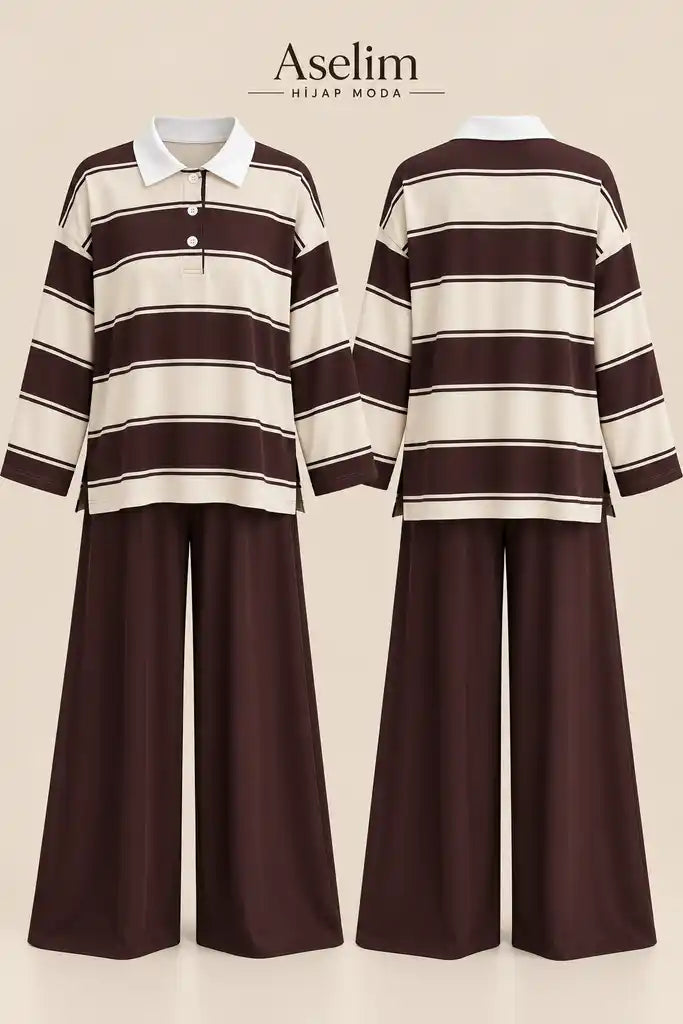 Lora Polo Yaka Çizgili Oversize İkili Takım Kahve Krem