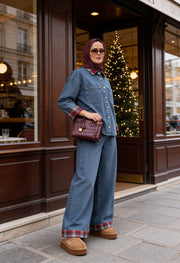 Ekose Detaylı Denim İkili Takım Açık Mavi