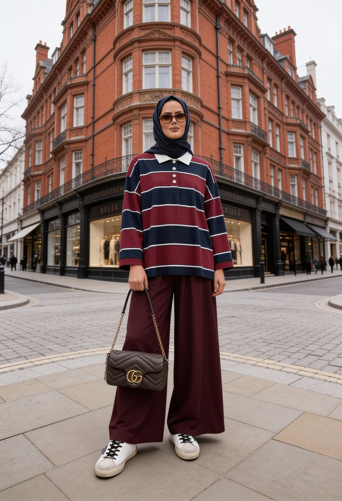 Lora Polo Yaka Çizgili Oversize İkili Takım Bordo