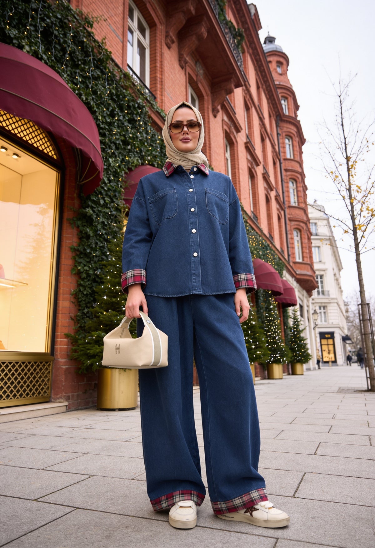Ekose Detaylı Denim İkili Takım Koyu Mavi