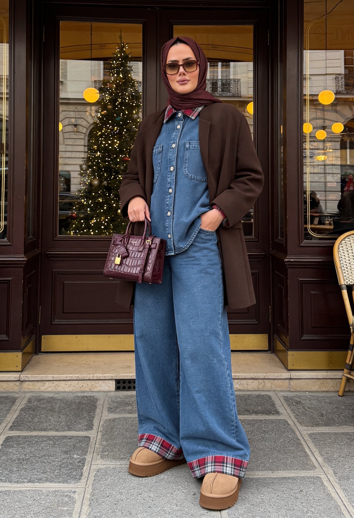 Ekose Detaylı Denim İkili Takım Açık Mavi