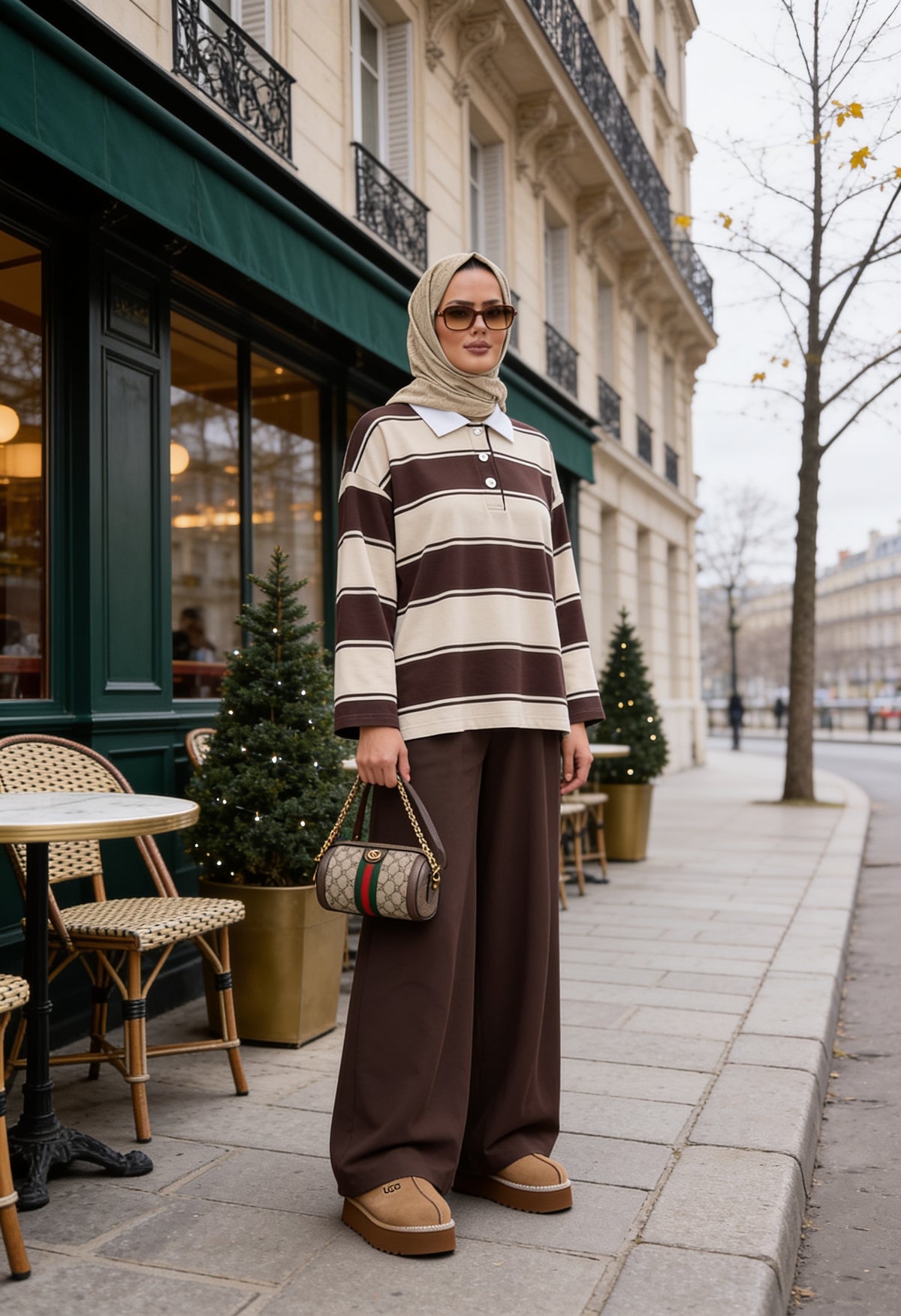 Lora Polo Yaka Çizgili Oversize İkili Takım Kahve Krem
