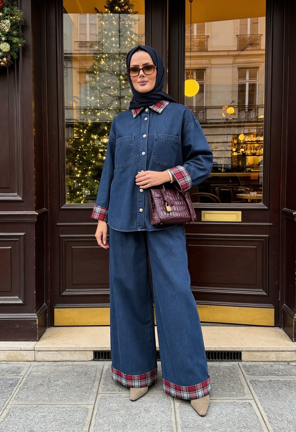Ekose Detaylı Denim İkili Takım Koyu Mavi