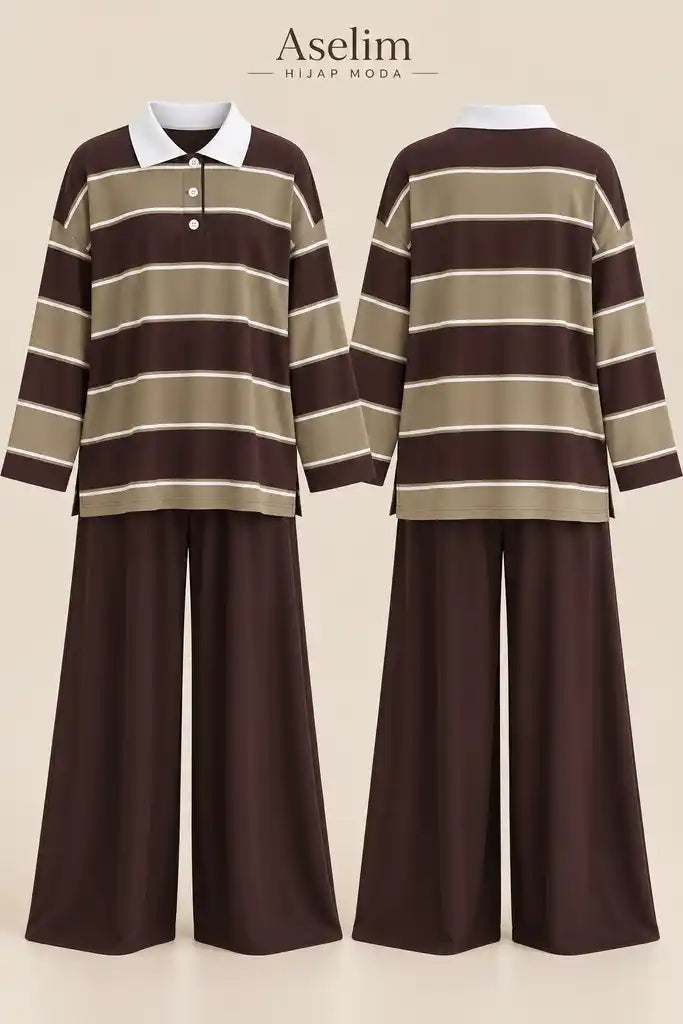 Lora Polo Yaka Çizgili Oversize İkili Takım Kahve Yeşil