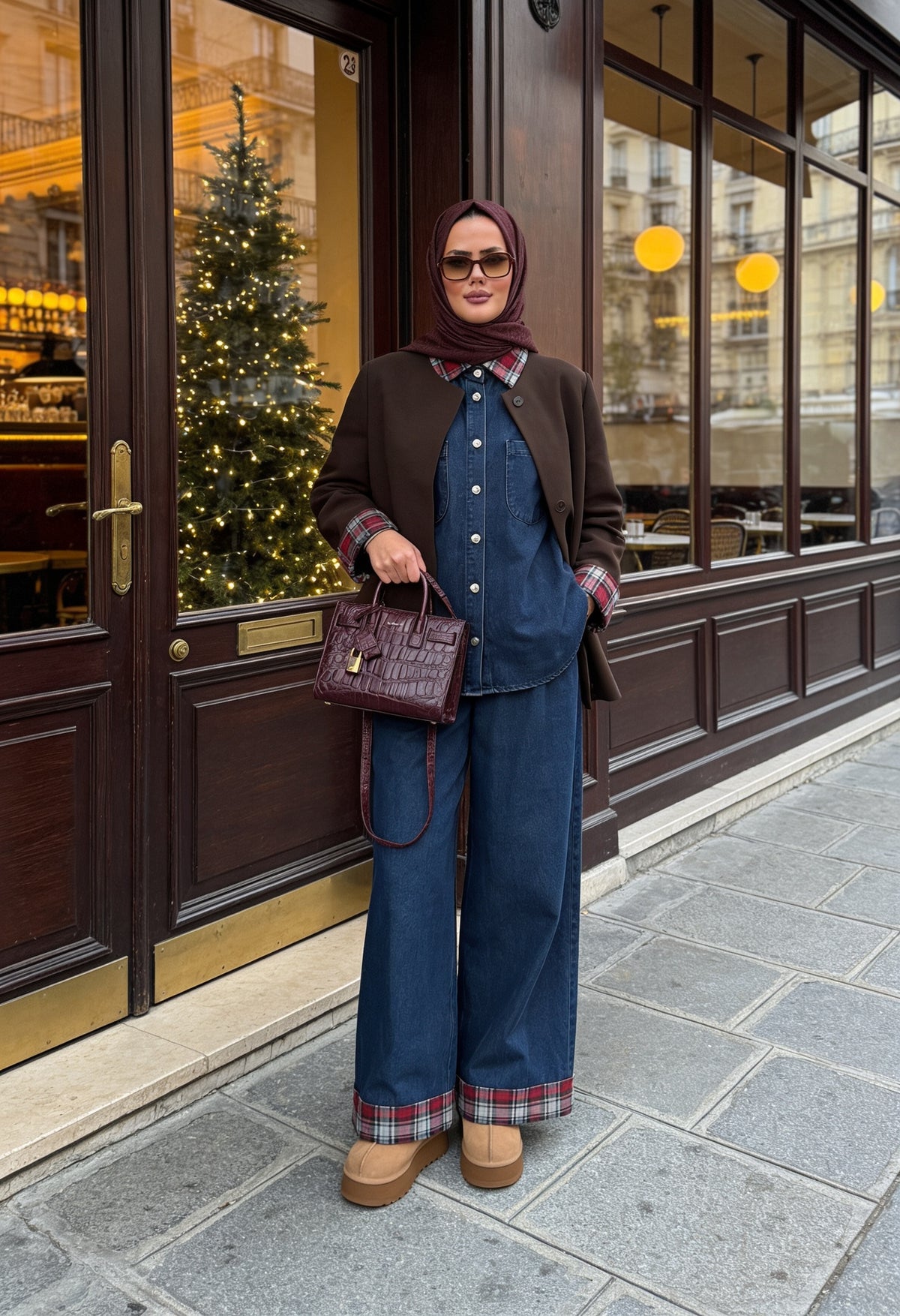Ekose Detaylı Denim İkili Takım Koyu Mavi