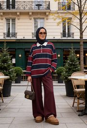 Lora Polo Yaka Çizgili Oversize İkili Takım Bordo