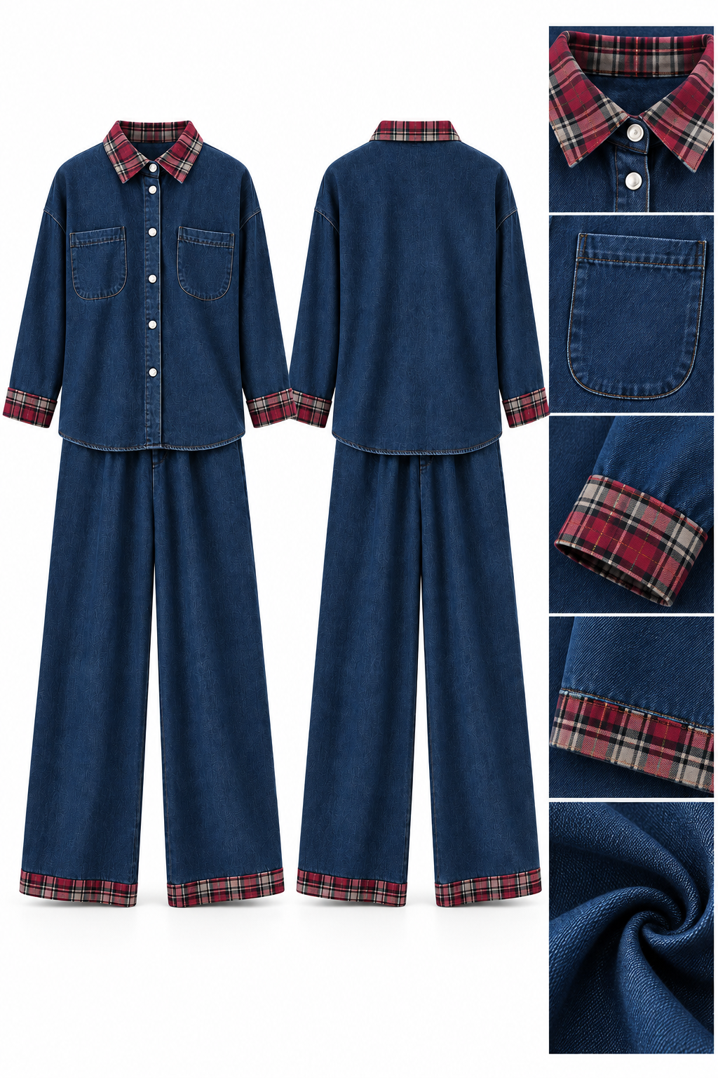 Ekose Detaylı Denim İkili Takım Koyu Mavi